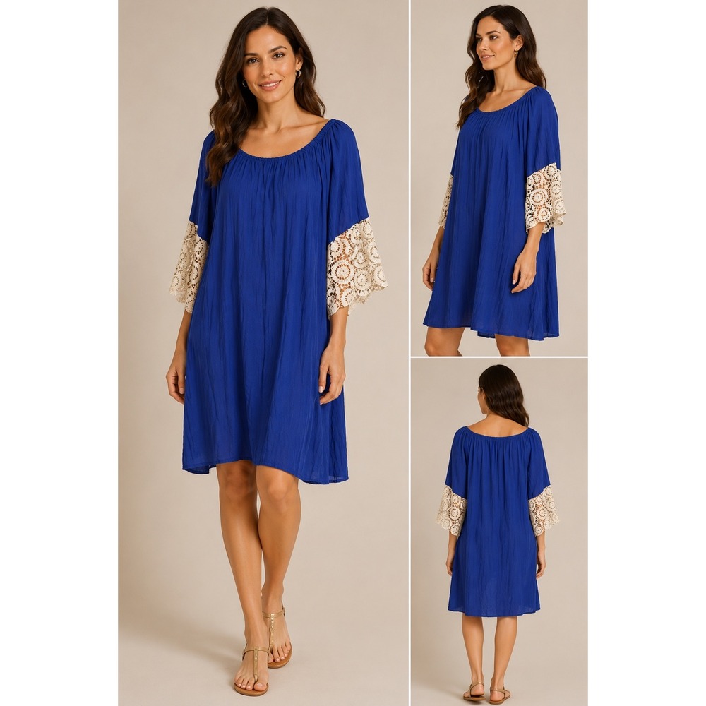Umgee Navy Shift Dress Womens XL Blue Ivory Boho Crochet Lace Sleeves
